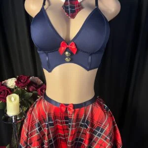 New Women'S Uniform Temptation Lingerie Set, Featuring a Tie Bra, Plaid Skirt, And Thong.
