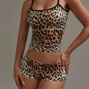 Women's Sexy Leopard Print Fitted Camisole Tank Top and Shorts Set, 2026 Fashionable Vacation Casual Wear