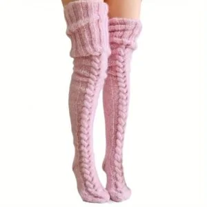 1 Pair CozyWarm Women'S Wool Thigh High Stockings - Twist Knit Solid Color Fluffy Over-the-Knee Socks, Winter Warm Casual Long Leggings, Machine Washable