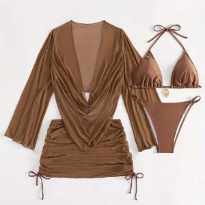 [Sexy Bikini Set] Stylish Sexy Four-Piece Bikini Set with Sheer Cover-Up, European and American