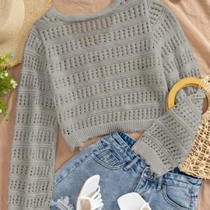 Women's Spring Hollow-out Short Cardigan Casual Tie-front Long-sleeve Lightweight And Breathable Cover-up Short Top, Suitable for Beach Vacations, Daily Wear And Weekend Outings