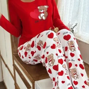 [Cute Heart Bear Print] 2pcs Cozy Women's Heart Bear Pajama Set | Red Long Sleeve Nightgown & Pants | Elastic Waistband, Button-Up Front, Soft All-Season Loungewear