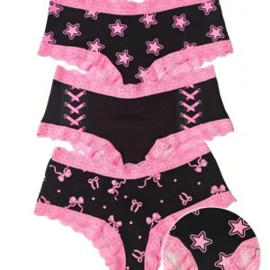 [Special Occasions] 3pcs Women's Elegant Milk & Full-Body Print Underwear with Lace Trim Briefs - Soft Pink Lingerie, Non- Panty, Machine Washable 3pcs Set for Daily Wear or Special Occasions