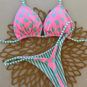 Pink Heart Color Block Bikini Set | High Stretch Fabric, Lace-up Details, Summer Sweet Style Swimwear