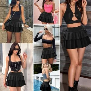 4pcs Set Women's Elegant Skirt with Ruffle Pleats, Elastic Waist, Bow, and Faux Drawstring Fashion Mini Skirt