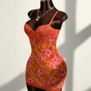 Women's Mesh Floral Print Contrast Lace Bow Camisole Nightgown