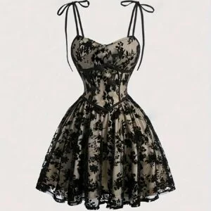 Women's Flocked Mesh Spaghetti Strap A-Line Waist-Cinching Dress