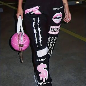 New European and American Hip-Hop Printed Casual Drawstring Sports Pants for Women