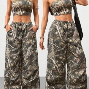Women'S Spring Set Featuring a Branch Pattern with Forest Camouflage, Including Leggings And Parachute Pants