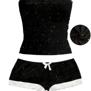 [Fashion Lace Top] 2pcs Off-Shoulder Contrast Lace Women's Fashion Top and Casual Shorts Set