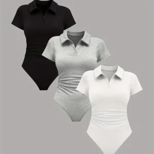 [3pcs Fashion Comfort] 3pcs Women's Fashion Comfort Bodysuit Set | Solid Color Collared Ruched Waist, Wearable as Underwear or Outerwear