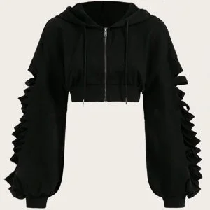 [Casual Hooded Jacket] Polyester Women's Hooded Zipper Jacket | Loose Fit, Solid Color, Long Sleeve, Hollow Out, Weekend Casual, Spring/Fall