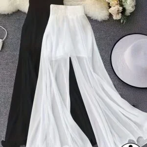 Plus Size, Pair of Women's High-Waisted Semi-Sheer Wide-Leg Pants, Elastic Waistband Mesh Fabric, Loose Casual Trousers, Plus Size Comfort Fit, Semi-Transparent Material