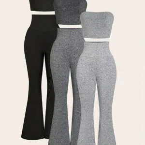 6 Pcs Flare Leg Pants Set, Sweetheart Neck Crop Tube Top & High Waist Forbidden Pants Outfits, Women's Clothing