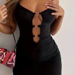 Women'S Sexy Halter Neck Bodycon Mini Dress with Heart Cutouts & Metallic Rings - Stretchy Spaghetti Strap Summer Dress for Spring/Summer, Solid Color Party & Casual Outfits, Spaghetti Strap Midi Dress, Spring Fashion, Fitted Silhouette, Stylish Construction, Adults, Evening Wear, Breathable Material, Women