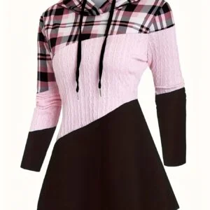 Plus Size - Plus Size - Plus Size Women'S Plaid Patchwork Hooded Long Sleeve Drawstring Pullover | Elegant Fall/Winter Fashion with Slight Stretch Fabric