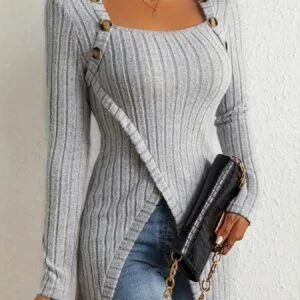 Women's Square Neck Long Sleeve Blouse - Button Front Asymmetric Hem Non-See-Through Shirt, Elegant Office Casual Fall Spring Tops