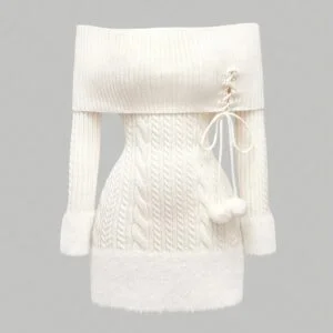 [Elegant Plush Party Dress] Elegant Plush Women's Off-Shoulder Ball Pendant Sweater Dress - Mid-Length Ribbed Party Dress with Adjustable Lace-Up Back, Fluffy Cuffs & Pompom Details for New Year, Valentine's Day, Special Occasions (Machine Washable)