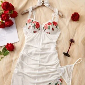 [Sexy Red Floral Nightgown] Women's Sexy Red Floral Lingerie Nightgown - V-Neck Lace Trim & Thong Panties, Summer Sleepwear with Adjustable Straps, Soft Breathable Fabric for Intimate Occasions & Casual Wear, Lingerie Sleepwear, Sensual Nightwear, Elegant Nightdress, Elegant Craftsmanship