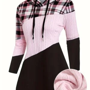 [Plaid Patchwork Hoodie] Women's Plaid Patchwork Hooded Long Sleeve Drawstring Pullover Casual Fashion Hoodie