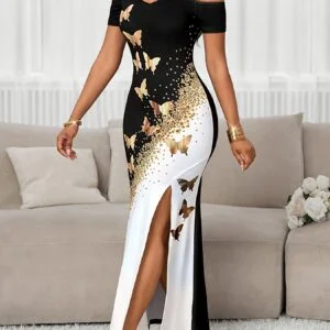 Women's Elegant Color Block Butterfly Print High Slit Off-Shoulder Dress