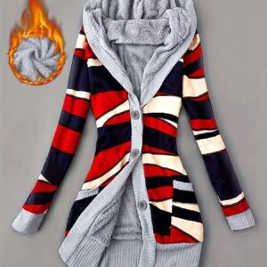 [Cozy Cardigan] Cozy Geometric Long-Sleeve Hooded Knit Cardigan for Women | Elegant, Casual Warmth with Pockets - Perfect for Fall/Winter