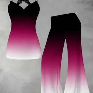 Women's Standard Size Elegant Fashion Vacation Gradient Pattern Digital Print Embroidered Butterfly Round Button Spliced Tank Top + Flared Pants