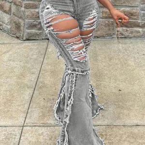 Women's Light Gray High Waist Wide Leg Jeans - Skinny Fit Ripped -Line Pants with Tummy Control, Soft Machine-Washable for Spring Summer Casual Streetwear (No Needed)
