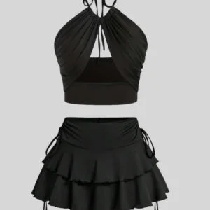 Women's Solid Color Sexy Halter Top + Ruffle Skirt Set