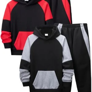 2 Sets of Classic Color-blocked Pullover Hoodies + Pants, Fashionable Boys' and Girls' Casual Sportswear, -lined Comfortable Children's Daily Outfits for Autumn and Winter, Perfect for Outdoor