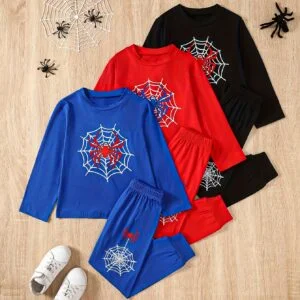 6pcs Set. Spring/Autumn Boys' Spider Print Long-Sleeved Pants And Long-Sleeved T-Shirt And Shorts Set for Children. Suitable for Boys Aged 3-14 for Casual Wear, for Outdoor