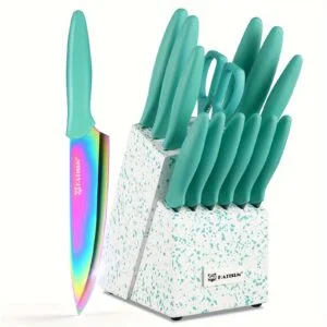 14pcs Professional Stainless Steel Rainbow Titanium Coating Kitchen Knife SetNo Rust, And Super Sharp Cutlery Knife Set with Wooden Stand And Kitchen Scissors, for Family And Resaturant