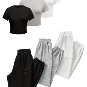 6pcs Set for Women, Casual Short-Sleeve T-Shirt for Spring And Summer, Made of Lightweight And Breathable Fabric, Featuring an Elastic Waistband And Pocketed Work Pants, Solid Color, Suitable for Everyday Wear, Can Be Worn As a Base Layer