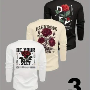 Set of 3 Men'S Long-Sleeve Crew Neck T-Shirts - Casual Knit Tops, Slightly Stretchy, Basic Style with Rose Print