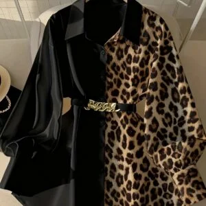 Women'S Elegant Patchwork Leopard Print Shirt with a High-End Feel, Featuring a Faux Metallic Belt for a Cinched Waist, Long Sleeves, And a Stylish Casual Look for Spring And Autumn