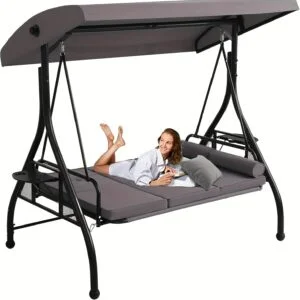 3-Seat Outdoor Patio Swings with Canopy Adjustable Porch Swing with Stand, Upgrade Pillows Cushions And Foldable Side Tray for Patio, Backyard