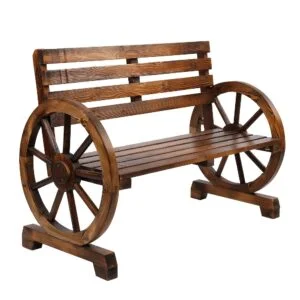 2-Person Outdoor Wooden Wagon Wheel Bench with Slatted Seat And Backrest Brown Suitable for Patio Outdoor, Garden, Poolside, Family Gathering, Outdoor Camping, Perfect Christmas Gift Men's Gift