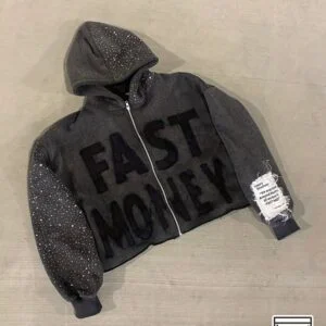 Y2K Retro Gothic Hoodie Jacket - Dark Streetwear with Bold "FAST MONEY" Lettering, Hooded Pullover, Adjustable Drawstring Hood, Front Pockets - Unisex Winter Outerwear for Men & Women - Edgy Urban Fashion Statement, Casual Wear, Distressed Design, Durable Fabric, Statement Piece, Fashion Enthusiasts, Cold Weather Wear, Vintage Aesthetic, Highquality Stitching, Street Style Lovers, Hoodie For Women