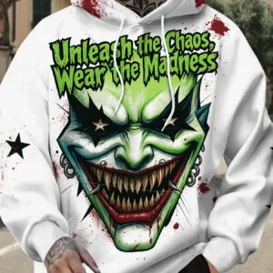 Men'S Trendy Digital Print Hoodie Featuring a Unique Clown Graphic And Letter Prints, Perfect for Streetwear And Casual Styles. A Fashionable And Versatile Sports Jacket