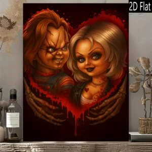 2D Flat, 2D Flat, 2D Flat Frameless Canvas Wall Art Featuring a Modern Vintage Design of Chucky And Tiffany'S Heart, Perfect for Elegant Home Or Office Decoration, High-Quality Printed Poster, 1pc