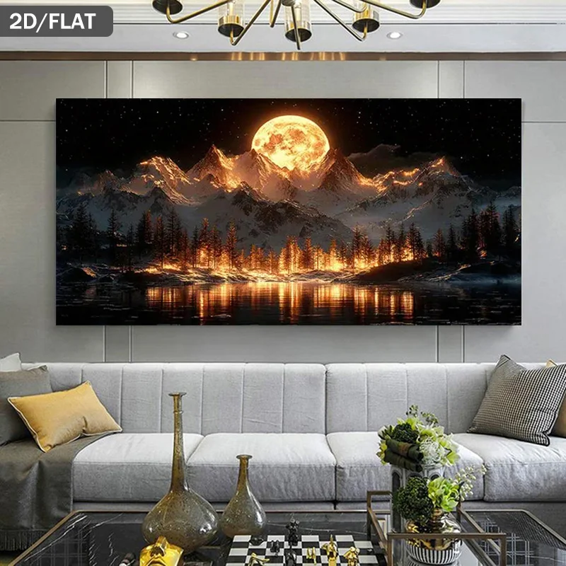 2D Flat, 2D Flat, A 2D Flat Canvas Art Piece Measuring 39.37 by 78.74 Inches, Featuring a Frameless Print of Moonlit Snowy Mountains Reflected in Serene Waters, Perfect for Modern Wall Decor in Living Rooms And Bedrooms - Image 5
