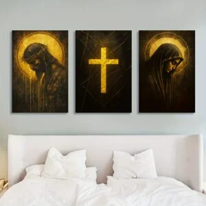 3pcs of Canvas Wall Art Featuring Jesus And The Virgin Mary with a Golden Cross Design, Religious Faith Decor with a Wooden Frame - Suitable for Home, Office, Or Church Decoration, Indoor Wall Art - Religious Faith Decoration - Wooden Framed Art