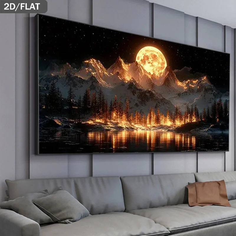 2D Flat, 2D Flat, A 2D Flat Canvas Art Piece Measuring 39.37 by 78.74 Inches, Featuring a Frameless Print of Moonlit Snowy Mountains Reflected in Serene Waters, Perfect for Modern Wall Decor in Living Rooms And Bedrooms - Image 9