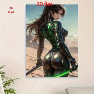 2D Flat, 2D Flat, 2D Flat Female Warrior Canvas Painting | Dynamic Cartoon Art Print, Futuristic Armor Design, High-End Living Room, Bedroom, Kitchen, Cafe Wall Decoration, Perfect Gift for Anime Enthusiasts, Suitable for Wedding, Mother'S Day