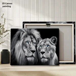 2D Flat Wooden Frame Painting | Black and White Lion Couple with Piercing Blue Eyes | Perfect for Living Room, Bedroom, Office, or Kitchen Decor | Pine Wood Frame, Art