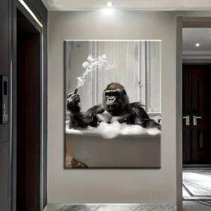 1pc Framed Canvas Wall Art - Gorilla Smoking in Bathtub, Waterproof & Durable, Solid Wood Frame, Modern Home Decor for Bathroom, Living Room, or Office, Unique Gift Idea for Holidays, Wall Art Decor | Bohemian Decor | Waterproof Canvas, Bathroom Wall Decor, 2D Flat, Perfect for Room Decor