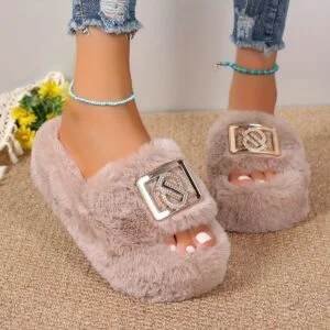 Women's Plush Slippers with Metallic Buckle - Thick Sole, Faux Furry Material, Black/Brown/Grey, Comfortable Indoor Shoes for All Seasons, House Slippers, Women Shoes