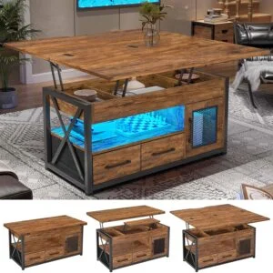 39.4" Lift-Top Coffee Table Featuring Two Fabric Drawers, a Table Equipped with LED Lights And a Storage Cabinet, And a Dining Table with Concealed Compartments Suitable for The Living Room Or Dining Area, Available in Black, Grey, Or Brown