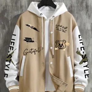 [Preppy Style Baseball Jacket] Men's Preppy Style Baseball Jacket with "LIFE IS A JOURNEY" Print, Beige with White Sleeves & Pockets, Double-Breasted Casual Sportswear for Casual Attire, Baseball Jacket, Active Lifestyle Apparel, Durable Fabric Jacket