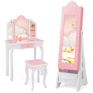 Princess Vanity Set with Full-Length Mirror, Jewelry Armoire & Stool - Spacious Makeup Dressing Table for Girls, Durable Wood Construction